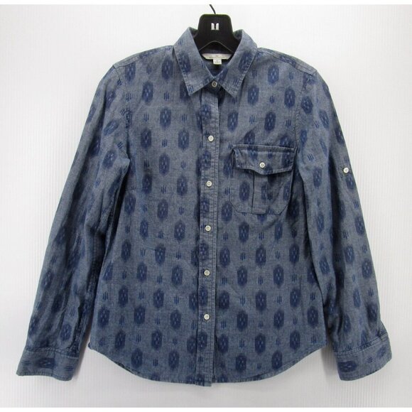 LL Bean Top 0 Signature Shirt Chambray Aztec Button Down Flap Pocket - Picture 1 of 11